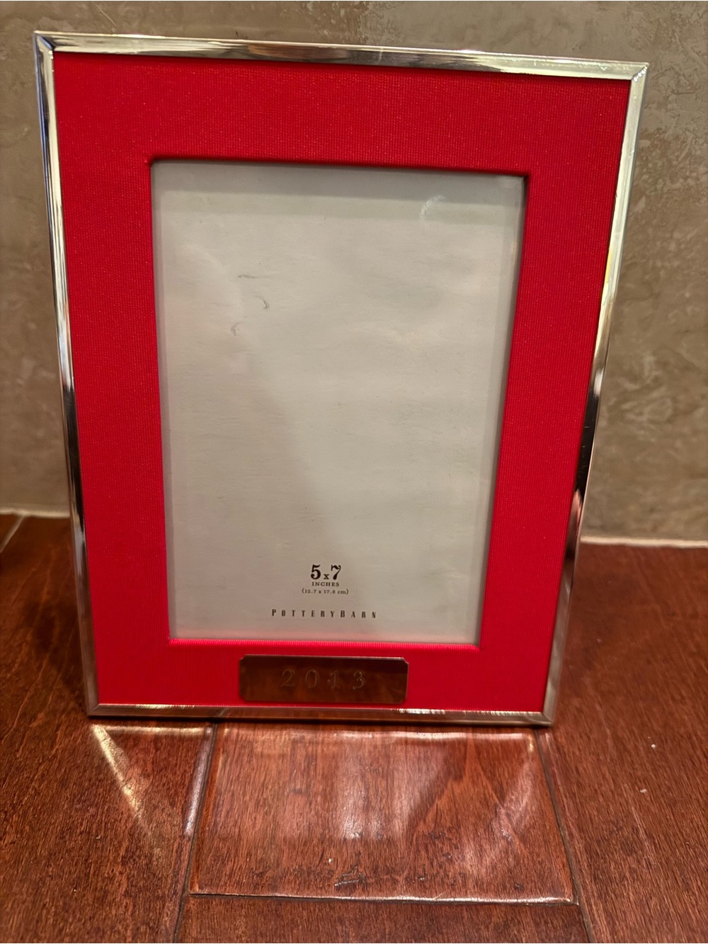 Pottery Barn Red Frame with Silver Trim and Plaque.  2013